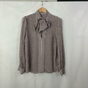 Striped V Neck Blouse with Bow Tie